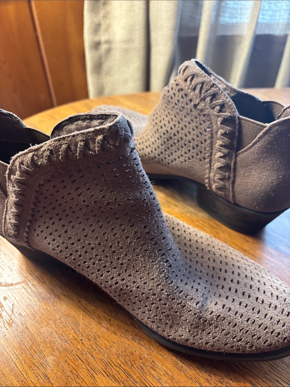 Earth Taupe Perforated Suede Slip-On Ankle Booties